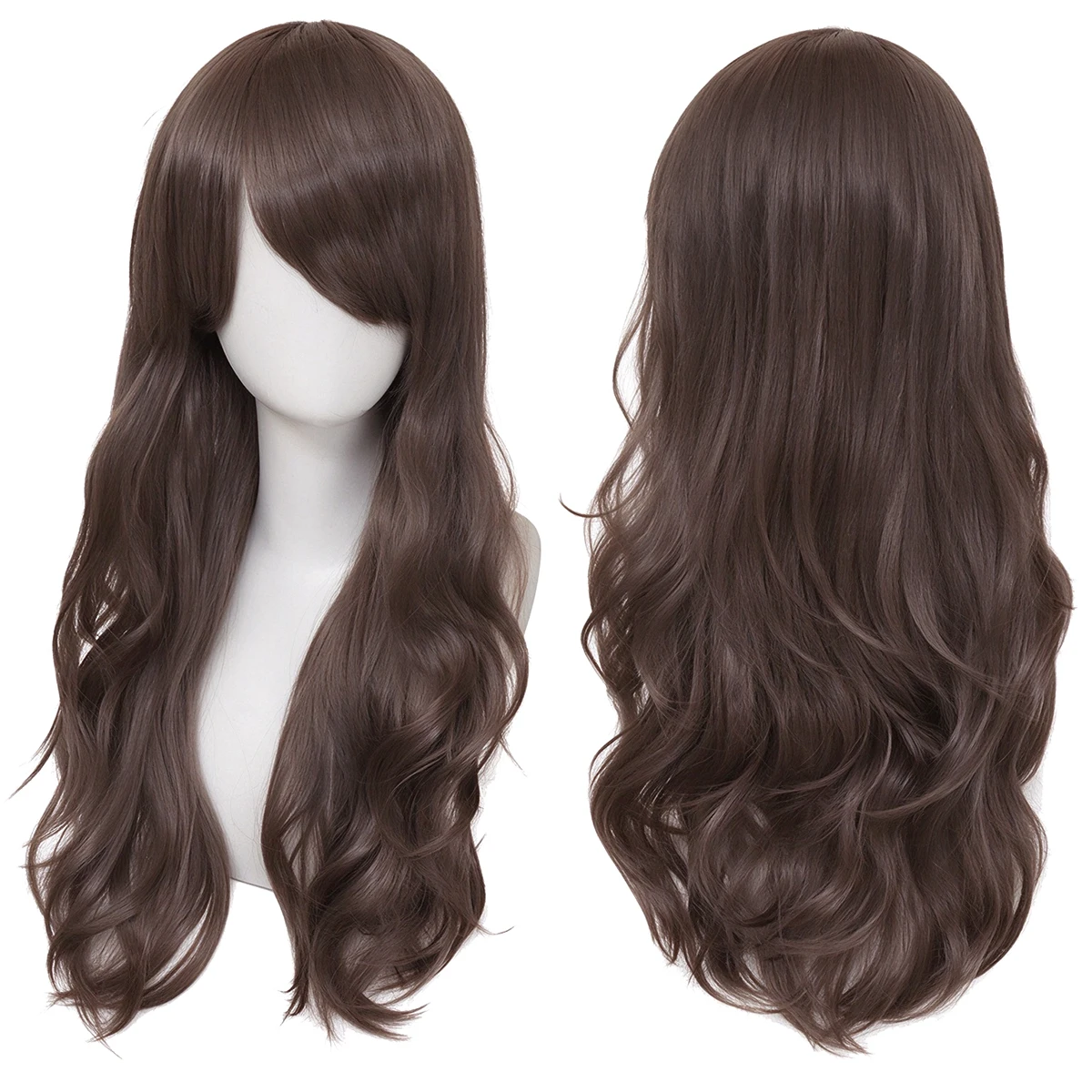 Synthetic Hair Dark Coffee Brown Long Wavy Cosplay Wig 70cm Side Fringe Wig for Girls Anime Role Play Carnival Photo Shoot