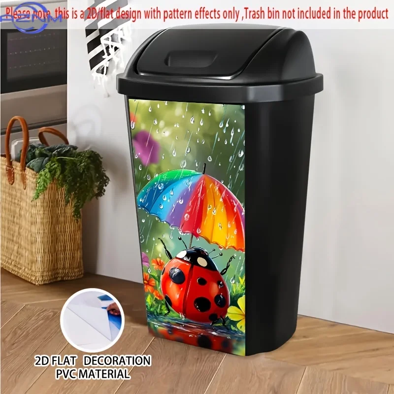Self-Adhesive Dustbin Sticker - Adorable Ladybug Under Rainbow Umbrella in Rain, Vibrant Cheerful PVC Decal () for Trash Cans,