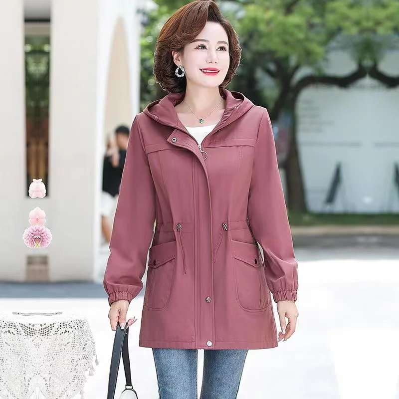 

Autumn Coat New Middle Aged Mother Fashion Women Pure Cotton Adjustable Waist Mid Length Windbreaker Casual Female Hooded Coats