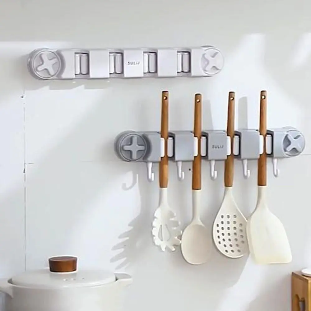 كوب شفط بلاستيكي مكنسة ممسحة حامل ذاتية اللصق الحائط ممسحة كليب رف لا الحفر مع 5 خطاف ممسحة مكنسة المنظم #4