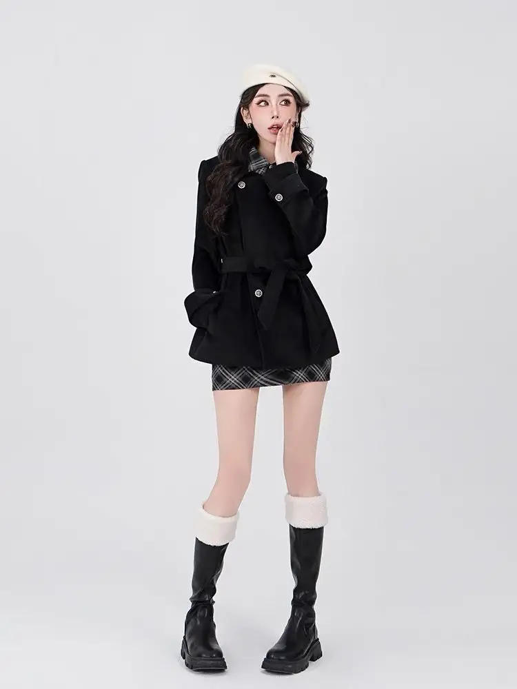 Autumn And Winter College Style Waist Black Woolen Coat Patchwork Pattern Skirt two-piece Suit Women Improved Jk Uniform Set