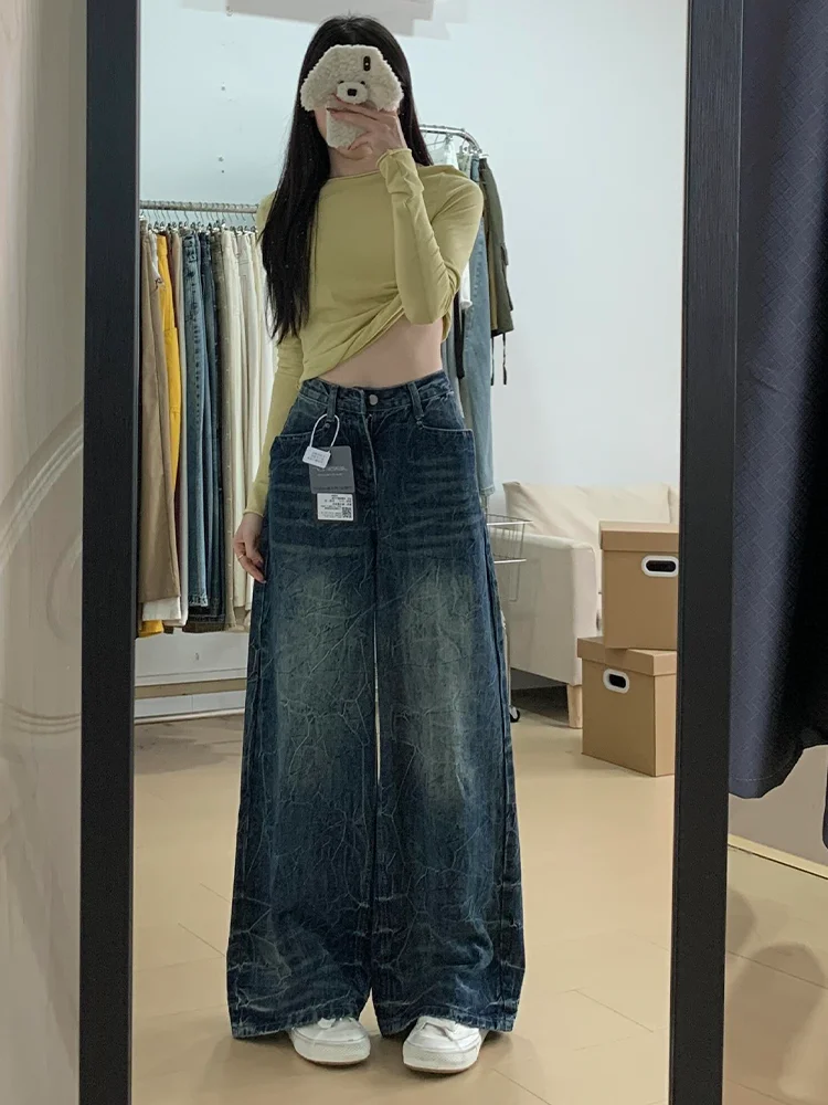 

High Waist Wide Leg Denim Jeans Women's Loose Fit Straight Casual Long Pants Retro Washed Crack Large Size American Style Hot...