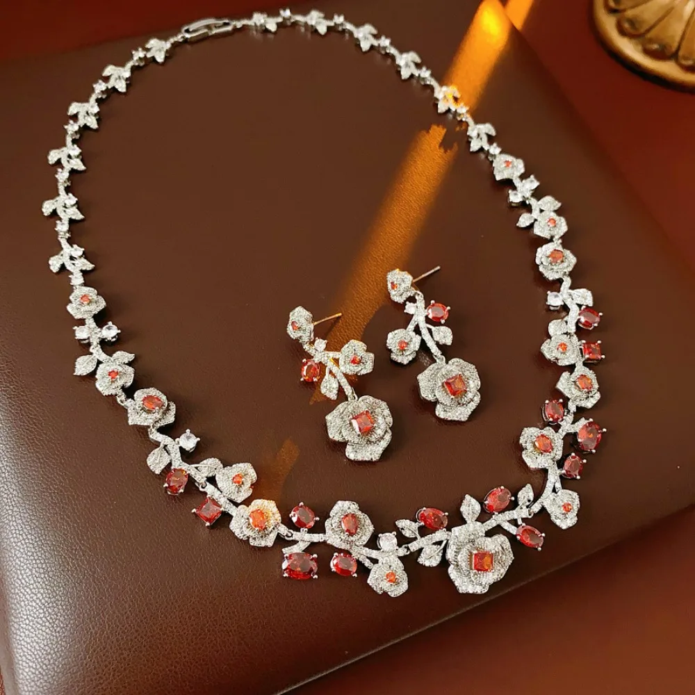 Vintage Luxury Silver Tone Inlaid Red Zircon Rose Necklace Dangle Earring for Women Exquisite Bride Wedding Banquet Jewelry Sets