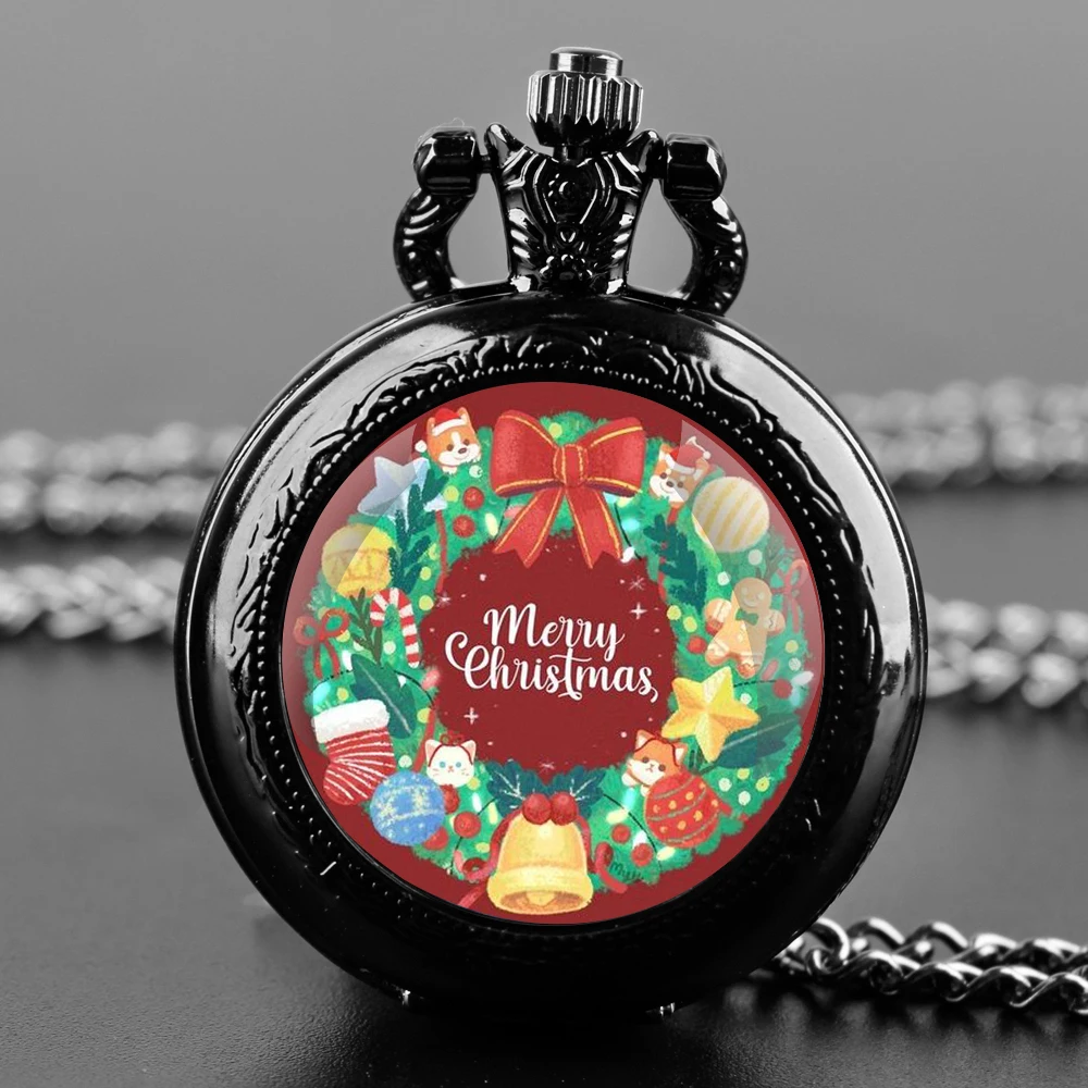 Merry Christmas Santa Claus Glass Dome Quartz Pocket Watch With Durable Chain Arabic Numeral Dial Extraordinary Gifts for Kids