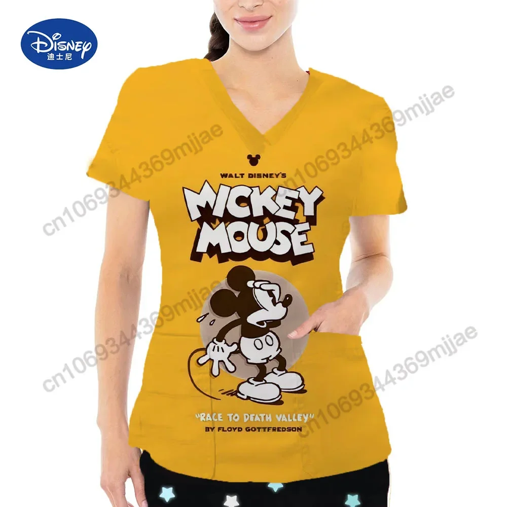 Pocket fashion and comfortable clothing Y2k women's casual V-neck nurse uniform Disney cartoon T-shirt casual girl T-shirt