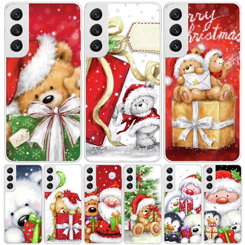 Happy Christmas Cute Bear Gift Phone Case For Samsung Galaxy S24 S23 S22 S21 FE S20 Ultra S10 Plus S10E S9 S8 + Art Customized C