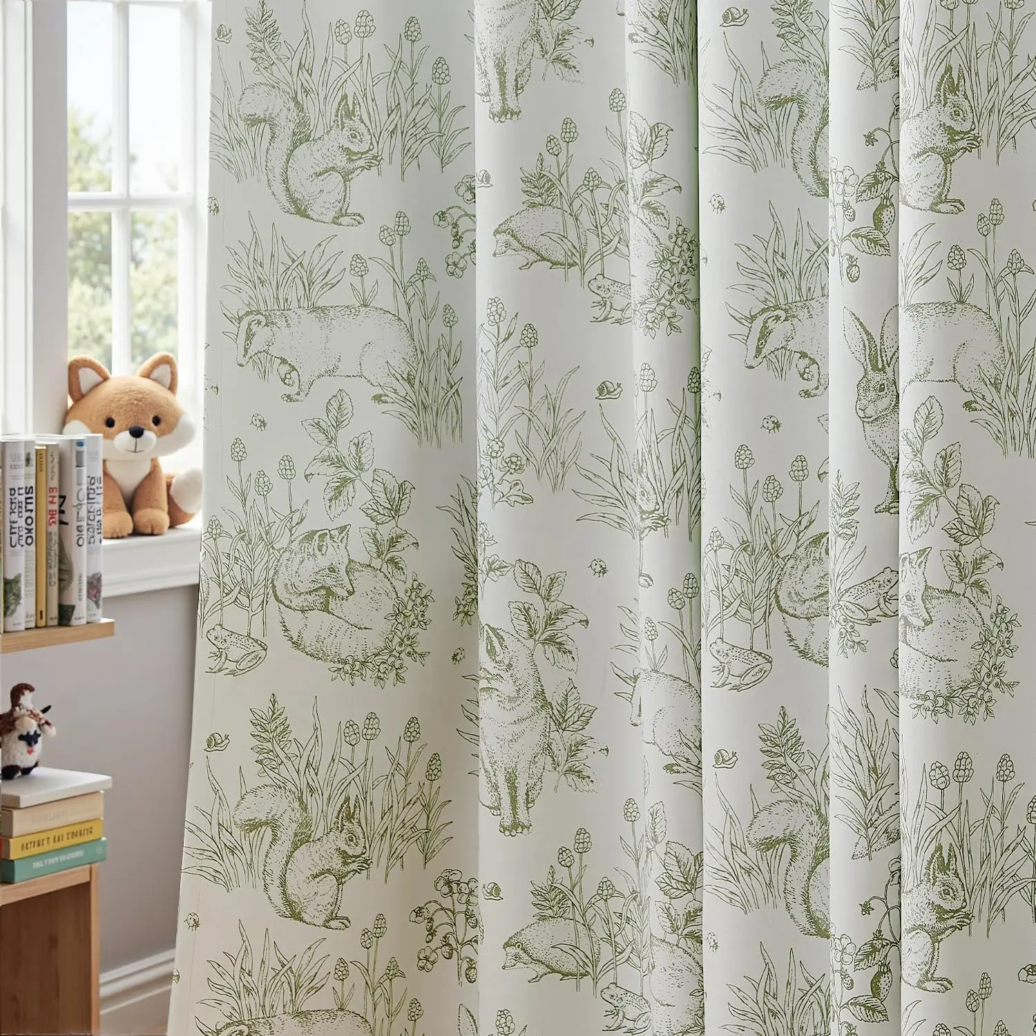 

Blackout Curtains 84 Inches Long, Woodland Toile Kids Drapes Sage Green on Beige Animal Print, 2 Panels