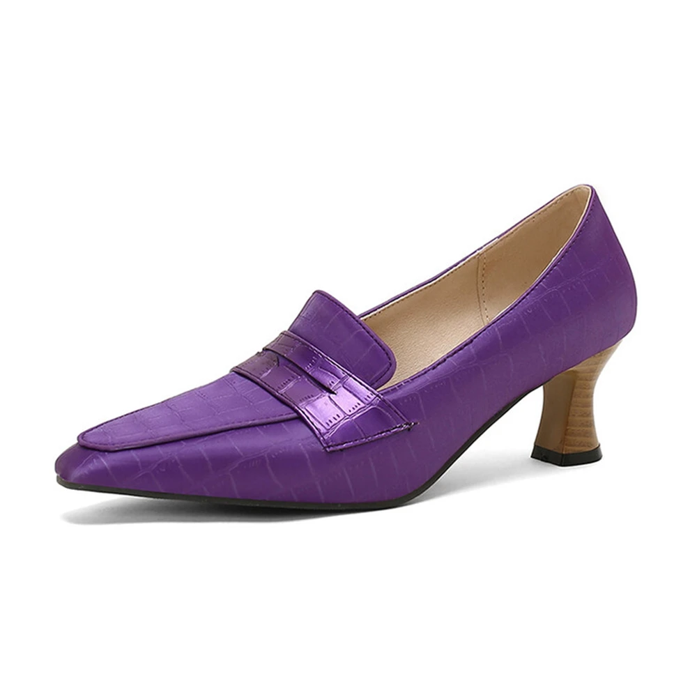 Elegant Women 5.5cm High Heels Purple Pumps Retro Classic Pu Leather Lady Brown Office Roman Simple Shoes Biggest size 50 2408