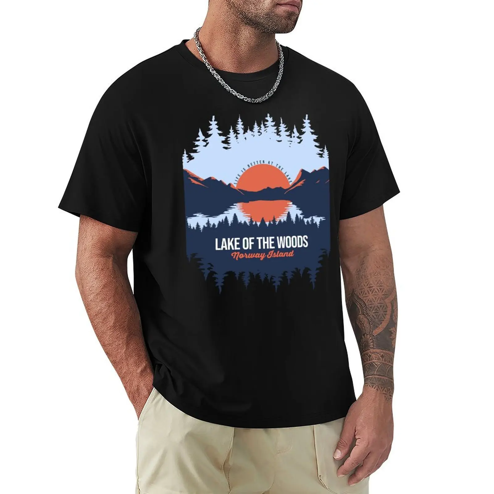 

Lake Of The Woods Norway Island Lake With Mountain And Pine Tree T-Shirt plus sizes mens funny t shirts