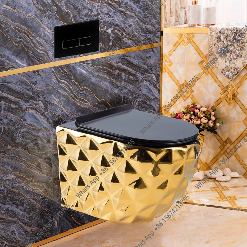 Wall-mounted toilet, gold toilet, ceramic wall-mounted toilet, diamond pattern suspended black gold wall water tank