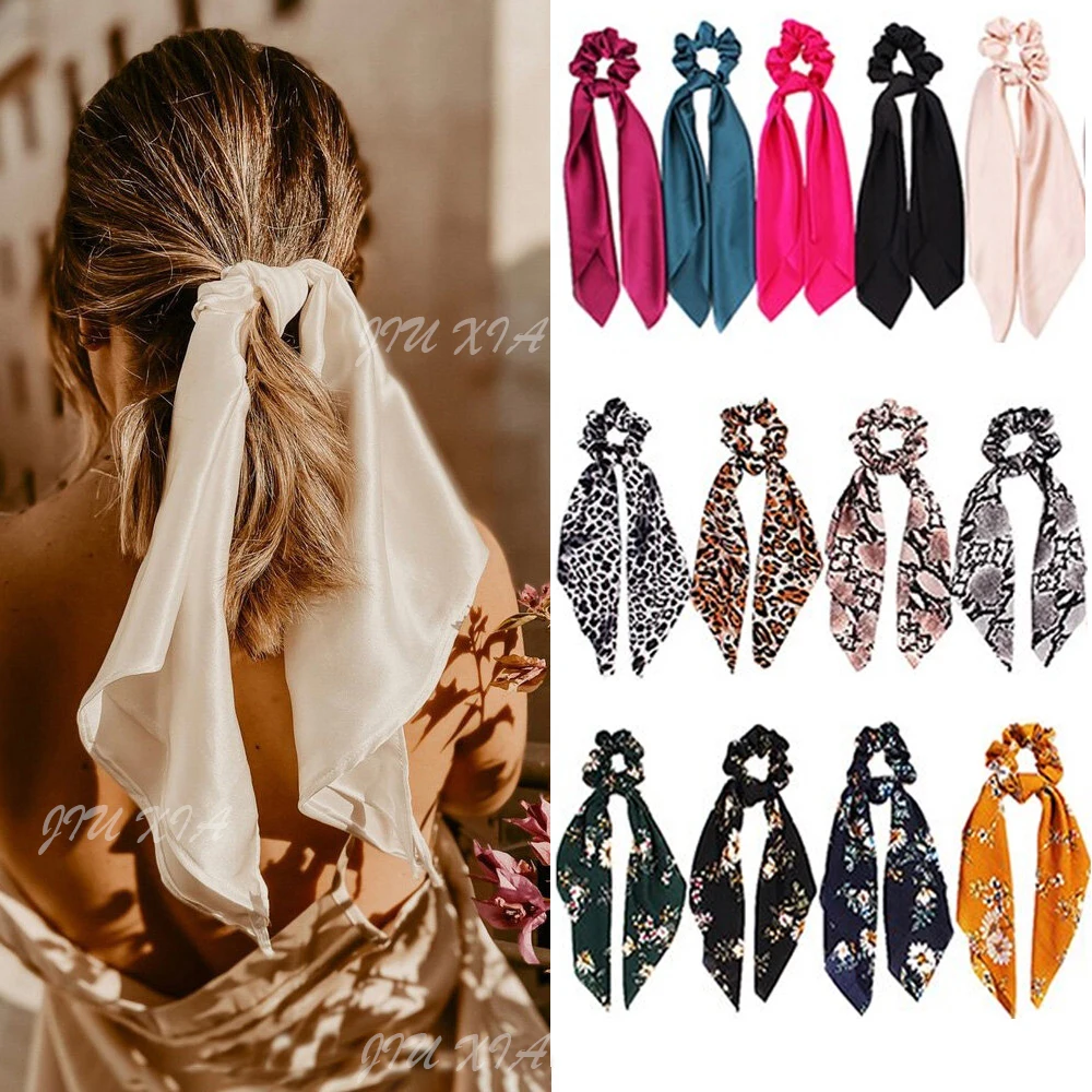 Vintage Leopard Satin Long Ribbon Scrunchie for Women Solid Color Elastic Bands Ponytail Tie Hair Scarf Headwear