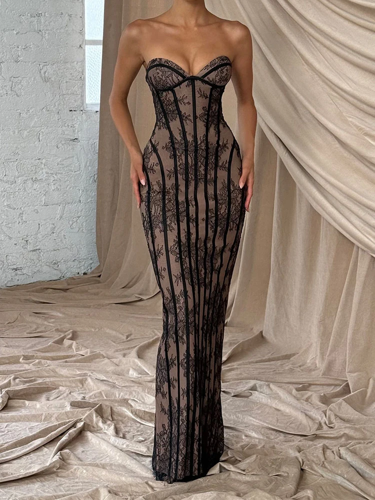 

Sexy Gauze Fishbone Strapless Dress Women Backless Off-shoulder Waist Cinching Slim Fit Maxi Dresses 2026 Evening Party Gowns