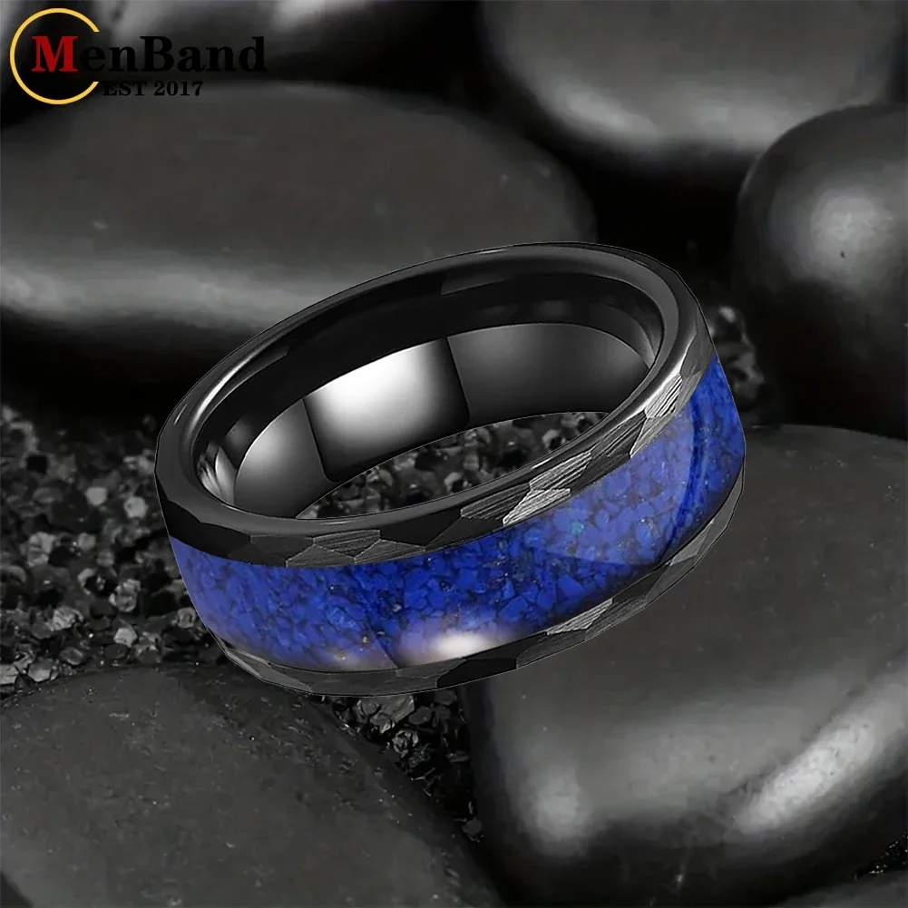 

MenBand 8MM Hammered Lapis Lazuli Inlay Tungsten Wedding Rings Bands Anniversary Mans Mens Ring Jewelry Gifts Free Engraved