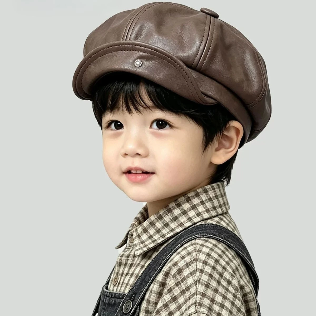 Kinder PU-Leder Baskenmütze im Retro-Wasteland-Stil, achteckige Newsboy-Mütze mit Schnallenkrempe, Straßenmütze für Jungen und Mädchen für alle Jahreszeiten – Detail 4