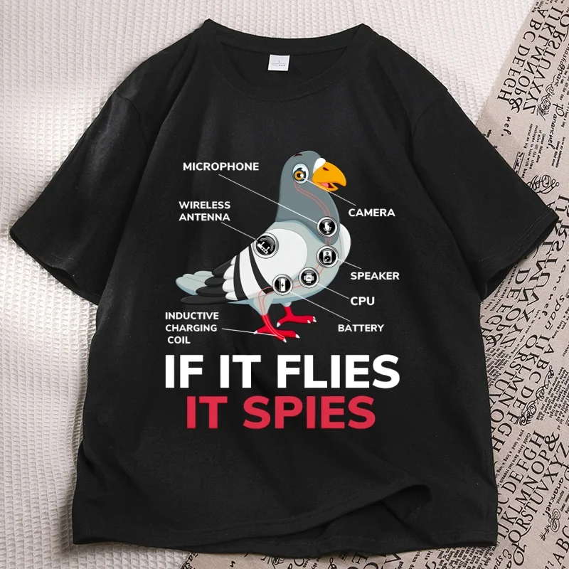 If It Flies It Spies Graphic T Shirts Pigeon Anatomy Bird Classic T-Shirt Cotton Short Sleeve Crew Neck Tshirt Unisex