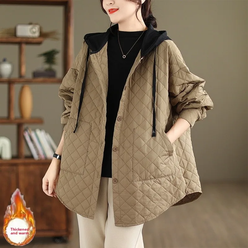 

Женское хлопковое пальто свободного кроя, зима 202, новинка 202, модное хлопковое пальто большого размера со шляпой и ромбовидным узором, верхняя одежда