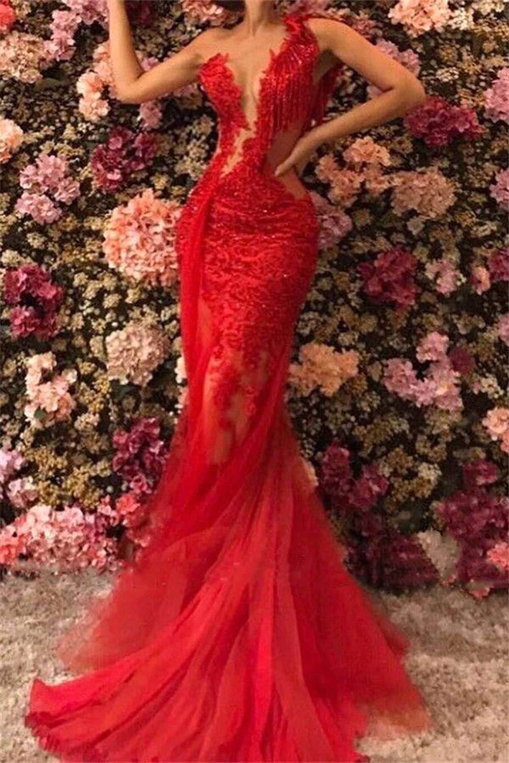 Prom Dresses Floor-length Red Long Mermaid One Shoulder Tulle Lace Prom Dress Sequined Sleeveless Formal Occasion Dresses