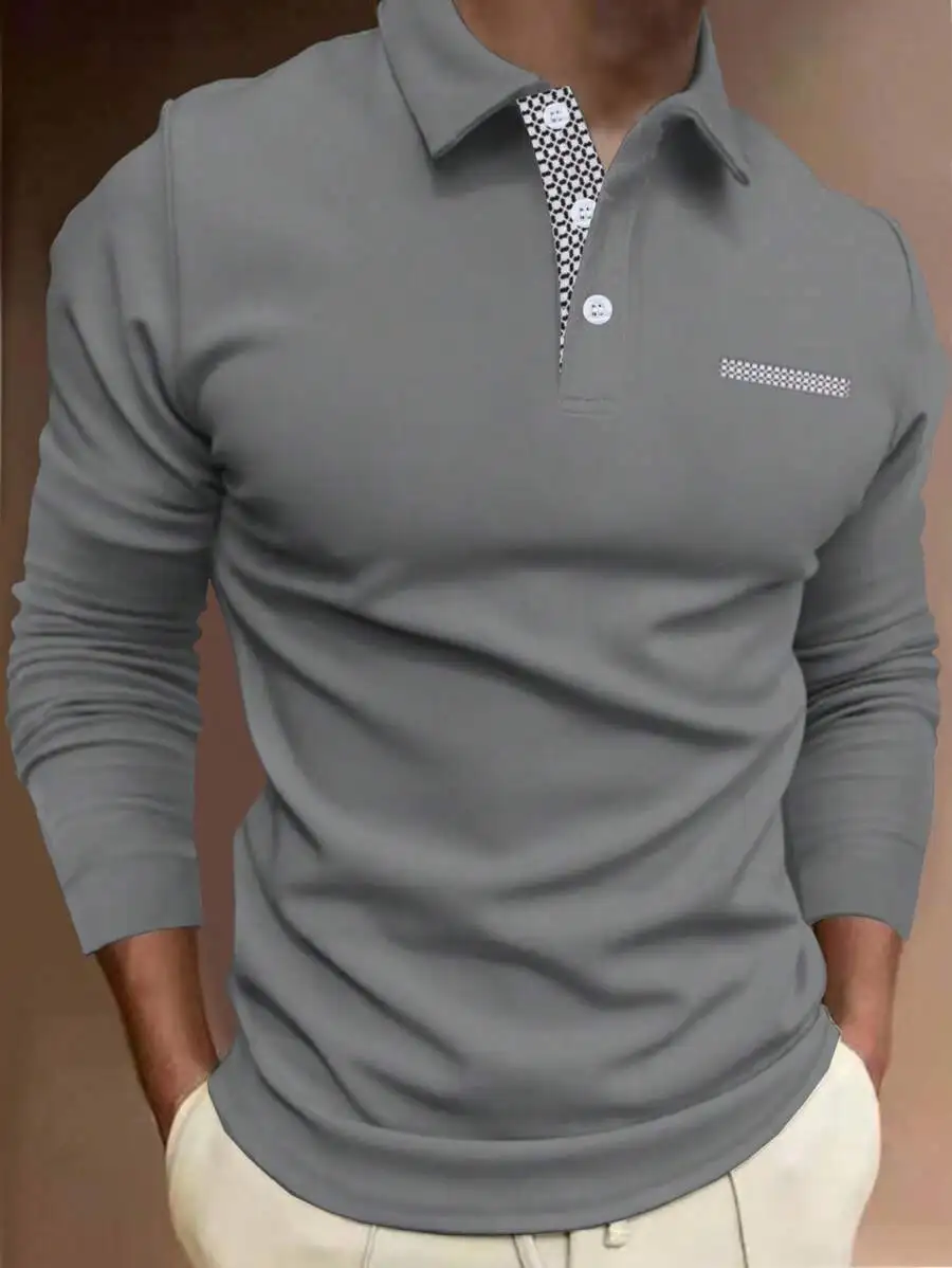 

Men's Long Sleeve Polo Shirt with Contrast Placket and Chest Detail