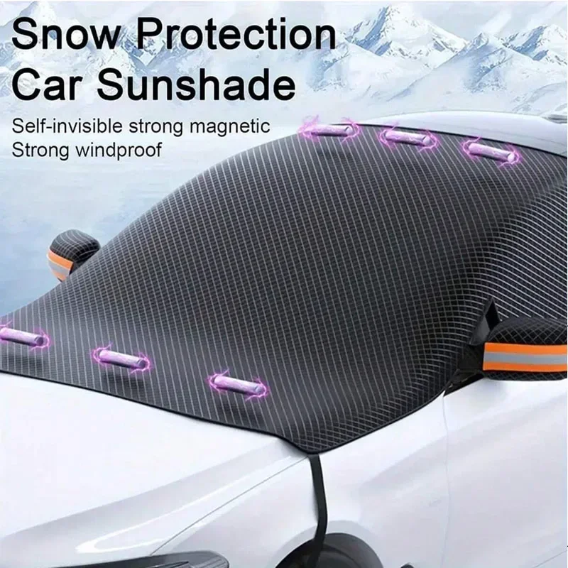 Magnetic + Fixing Strap Installation with Orange Reflectiv Car Windshield Snow Cover, Scratch Resistant Winter Windshield Cover