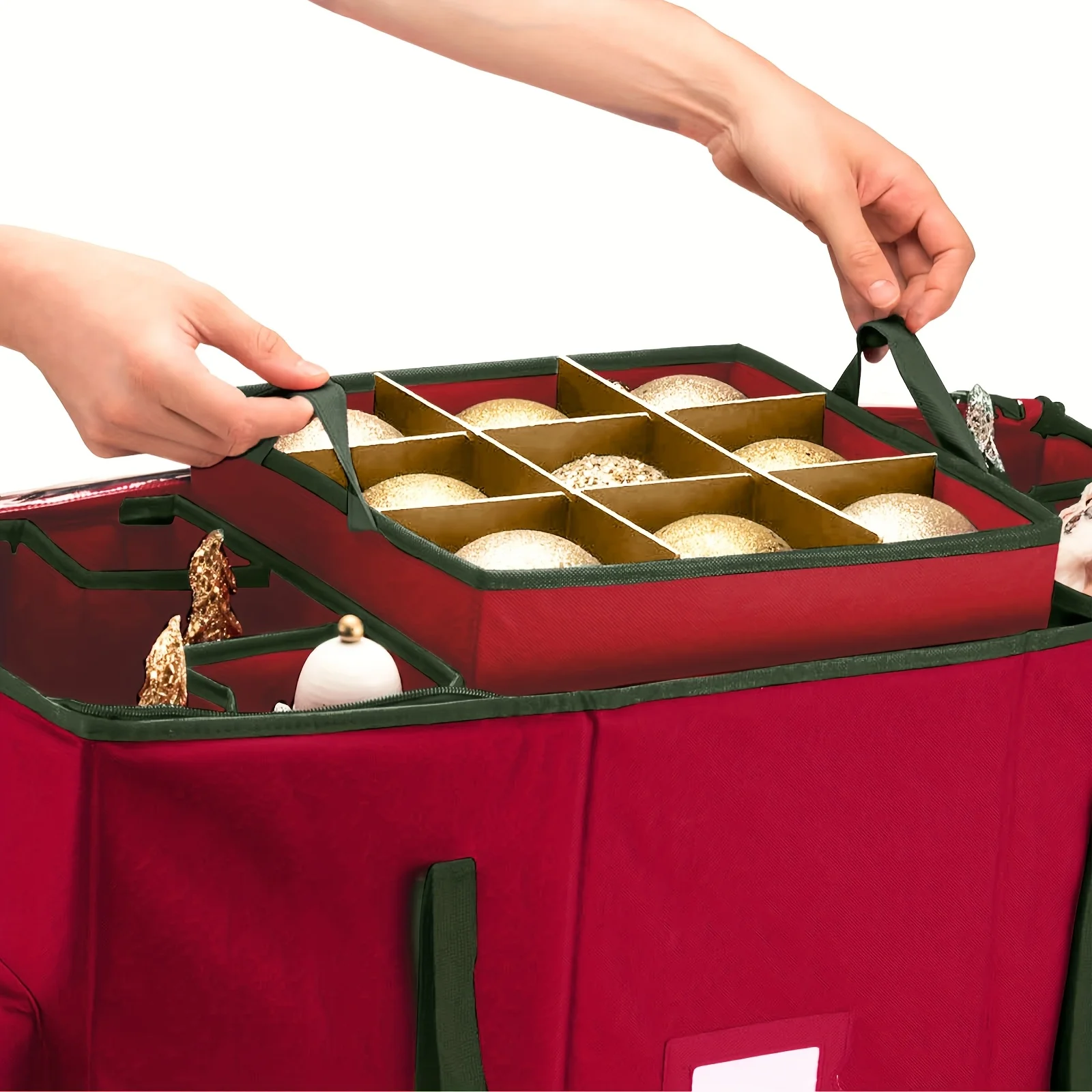 2-in-1 크리스마스 장식 상자 |   장식품 73-200개 수납 가능 |   탈착식 트레이 및 조절 가능한 칸막이