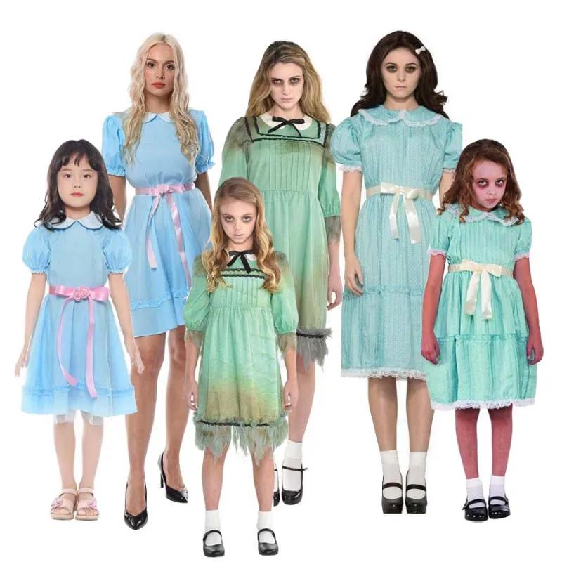 The Shinning Twin Girls Cosplay Dress Dreadful Darling Creepy Killer Lisa Louise Burns Sister Costume Halloween Party Dress Up