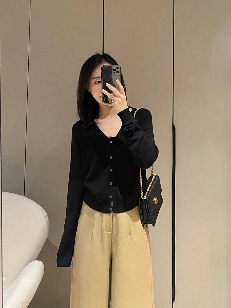 

Женский тонкий вязаный кардиган Ele Bla с V-образным вырезом, укороченный, для ранней осени, новинка 2024, в корейском стиле