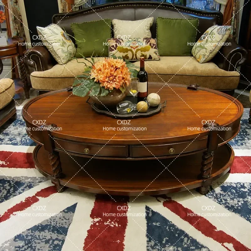 Solid Wood Round Coffee Table Retro Walnut Finish Double Storage Side Table for Small Apartment Living Room Medieval Style