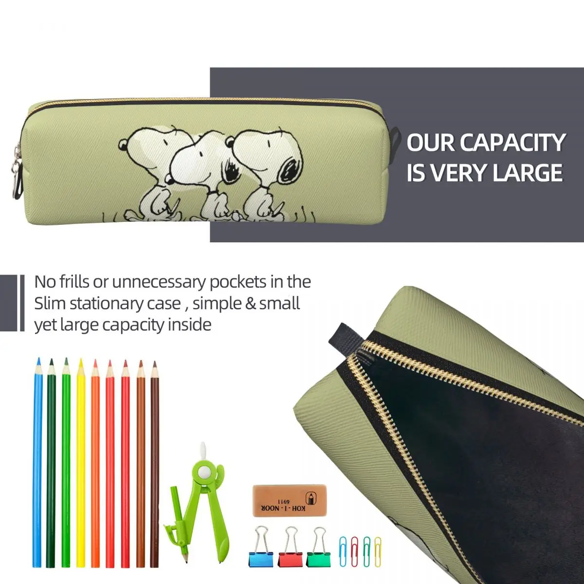 سنوبي المشي طويل القامة مقلمة قلم رصاص الحقيبة صندوق القلم للأطفال أكياس تخزين كبيرة اللوازم المدرسية سستة القرطاسية