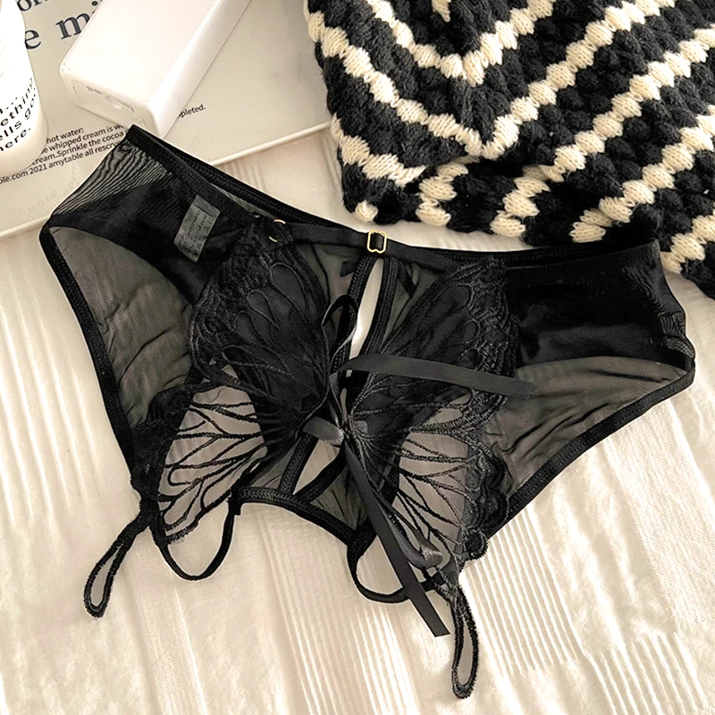 Sexy Open Crotch Panties Women Low Waist Butterfly Embroidery Briefs Underwear Hollow Mesh Lace Breathable Underpants Lingerie