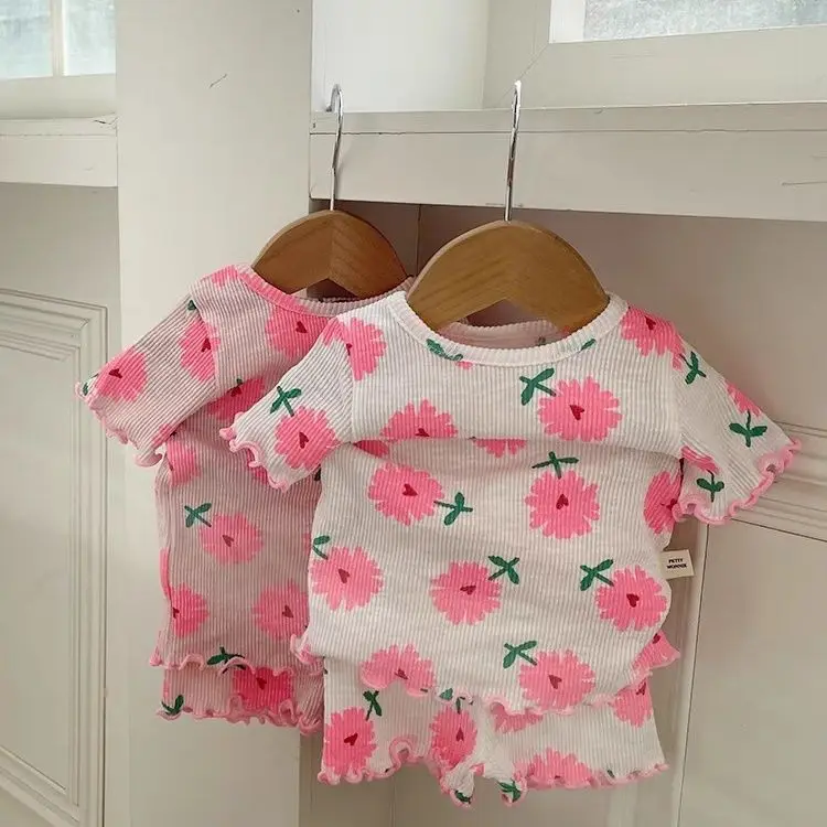 

Summer Kid Girl Homewear Suit Cotton All Flower Print Round Collar Tops 2PCS Clothes Set Loose Ruffle Baby Girl Sleepwear Outfit