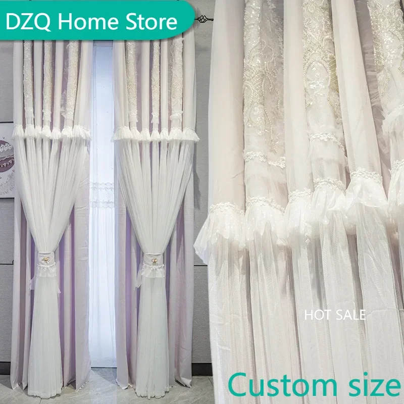 

Korean Double Curtains for Bedroom Girls Living Room Fabric Yarn One Finished Solid Color Blackout Lace Floating Window Tulle