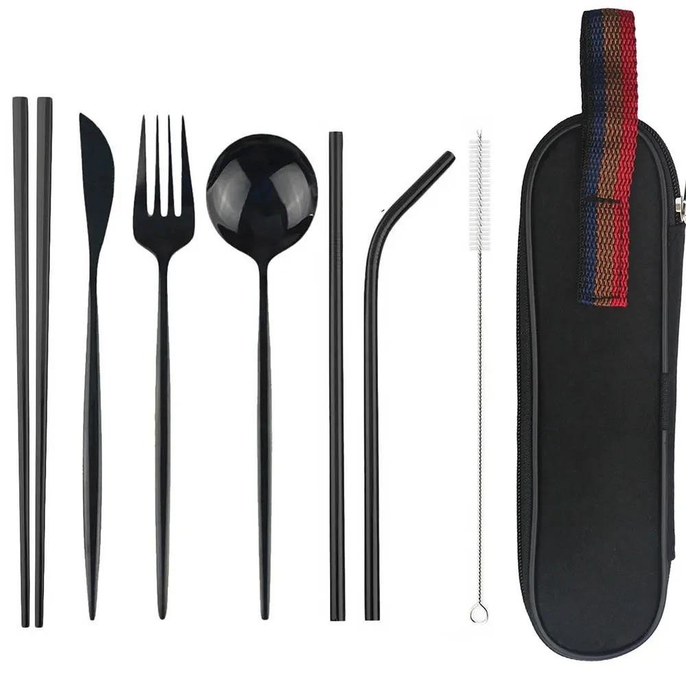 8Pcs/set Tableware Reusable Travel Cutlery Set Camp Dinnerware Set Stainless Steel Spoon Fork Chopsticks Straw Portable Case