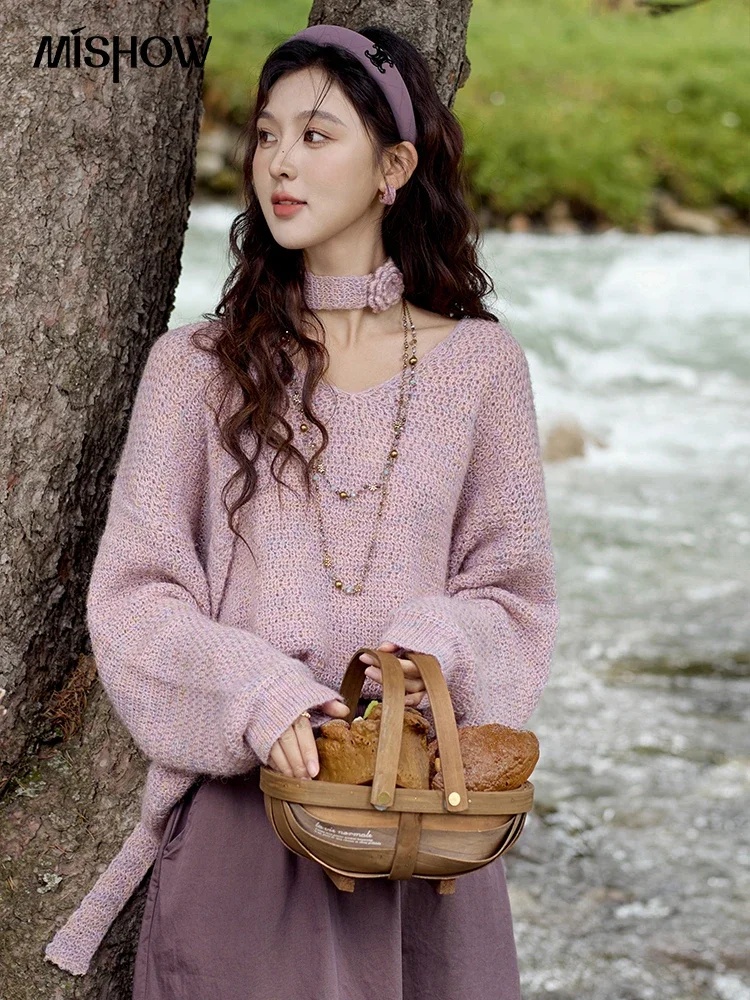 MISHOW Knitted Wool Sweater Women Autumn 2024 V-neck Threaded Cuffs Sweaters Casual Loose Manual Flower Lace-up Top MXD42Z0763