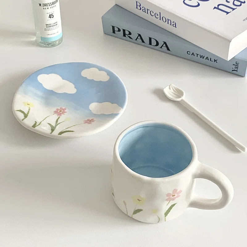 Hand Pinched Painting Korean Cartoon Cute Ceramic Coffee Cup Dish Set, Afternoon Tea High-level Cup Saucer Snack Plate