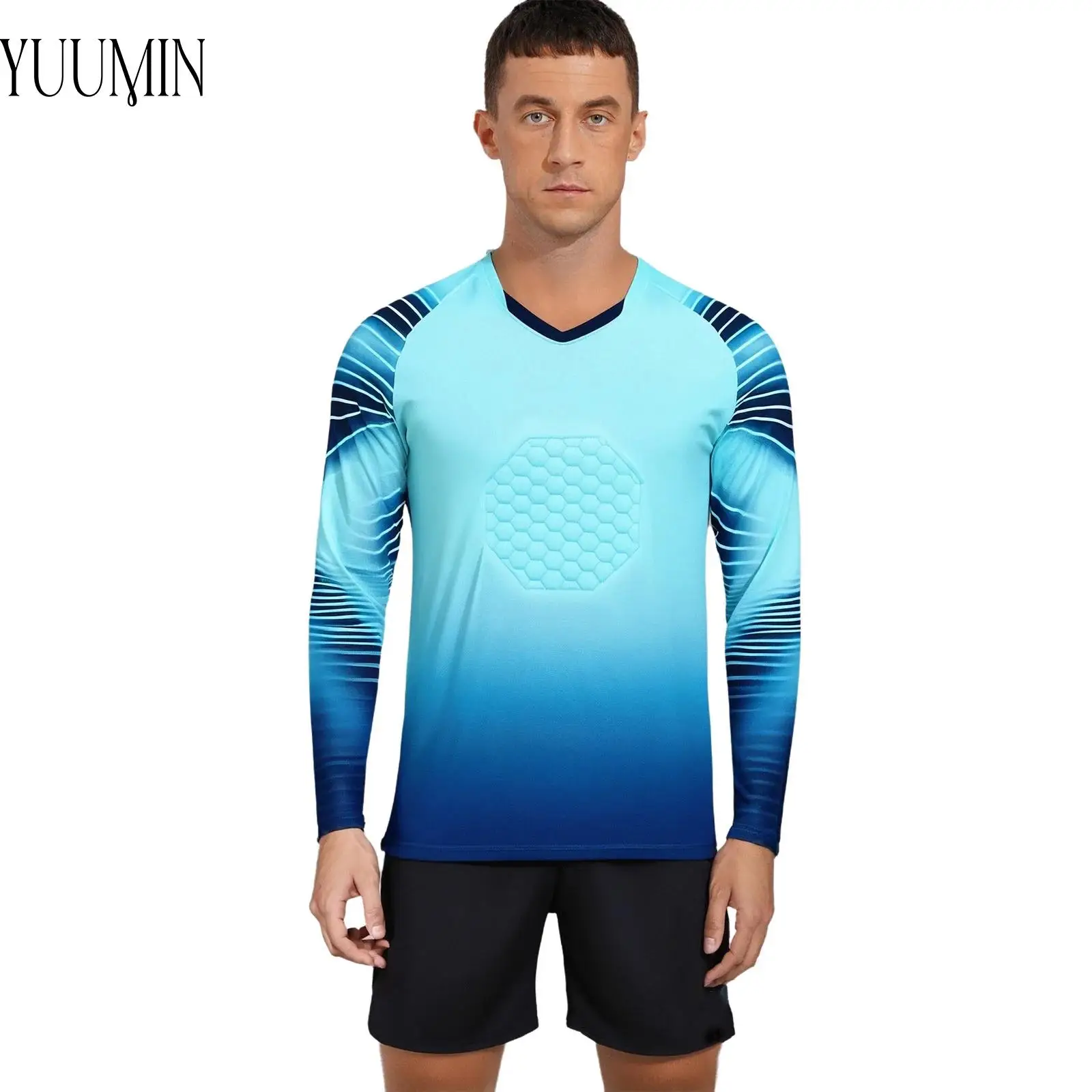 

Men Football Goalkeeper Uniform Long Sleeve Padded Soccer Jersey Top with Drawstring Elastic Waistband Shorts for Sports Fitness