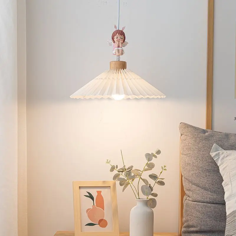 Bedroom Pendant Light Nordic Children Girls Princess's Room Cartoon Angel Korean Pleated Fabric Wooden  Hanging Lamp