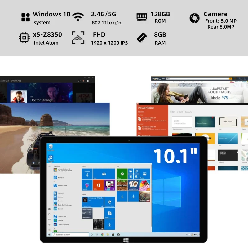 Tablet Windows 10 de 10,1 Polegadas 64 bits, 8GB de RAM, 128GB de ROM, Intel Atom x5-Z8350 Quad Core, 1920x1200 IPS, WIFI, Câmera Dupla, 1 Porta USB 3.0