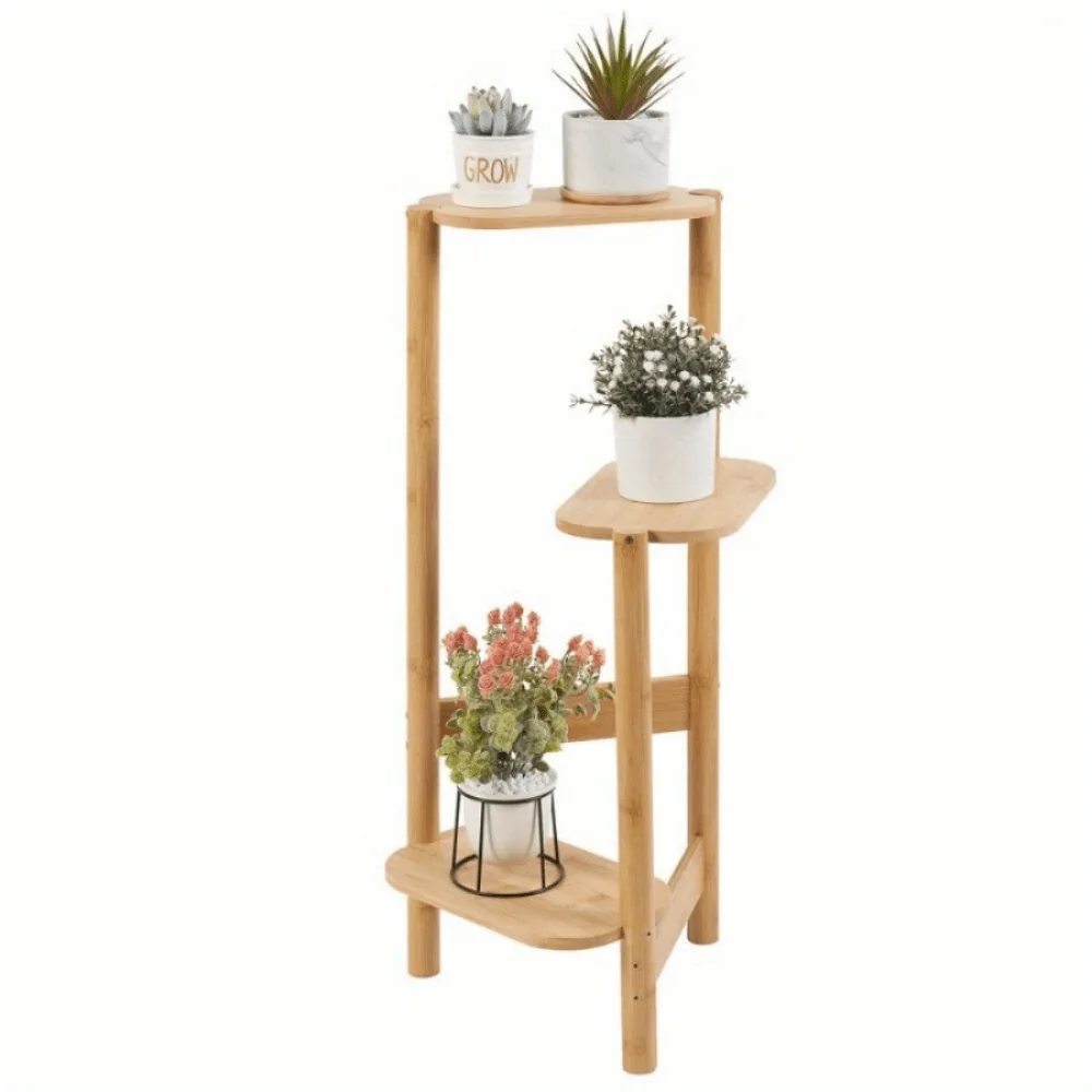 Suporte de planta de bambu para ambientes internos e externos, suporte de rack de flores de canto alto de 3 camadas