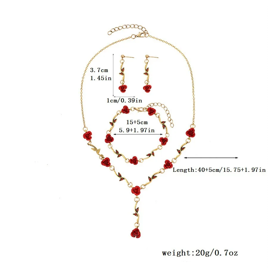 Vintage French Red Rose Flower Necklace Bracelet Set for Women Fashion Romantic Clavicle Chain Necklace Engagement Jewelry Gifts