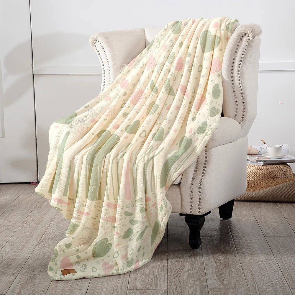 Cream Pink Hearts Doodle Lightweight Flannel Blanket Breathable Cozy Throw Blanket for Spring Summer Sofa Bed Air Conditioning