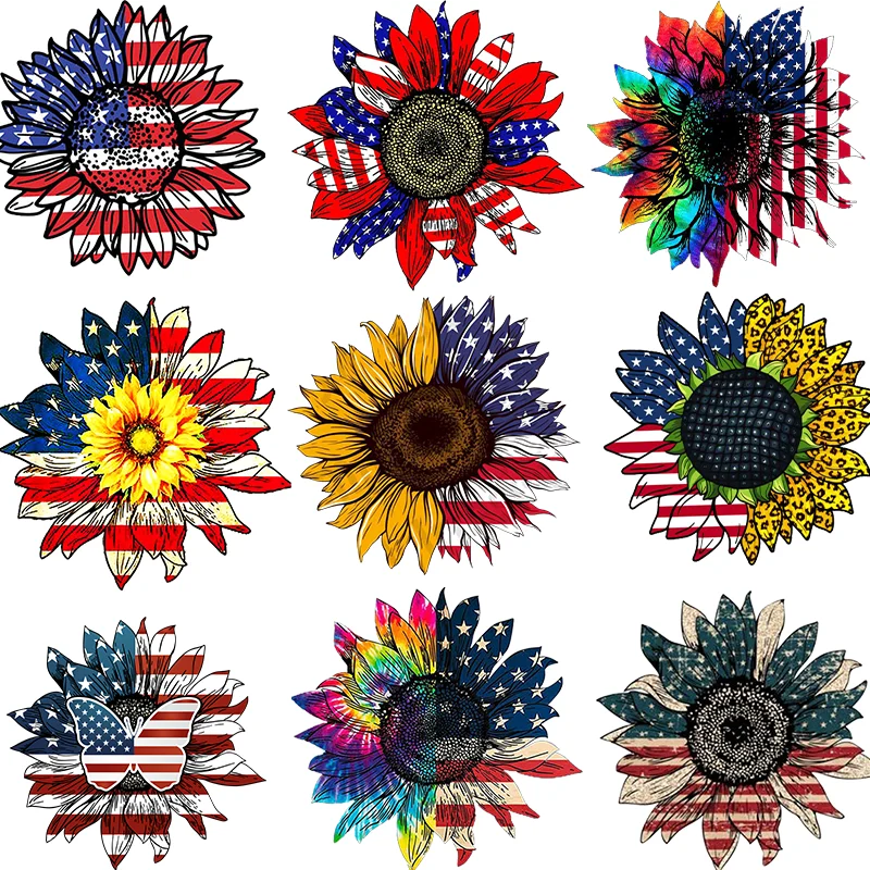 American Flag Sunflower Print Patches for Clothes Transfer Thermal Stickers DIY Washable Top Thermo Stickers Patterns  Patch