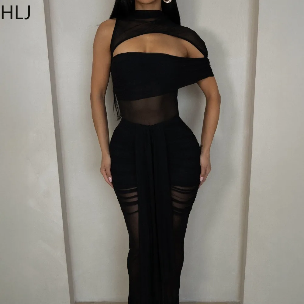HLJ Sexy See Through Bodycon Long Dresses Women Mesh Irregular Ruched Patchwork Backless Dress Female Party Clubwear Vestidos