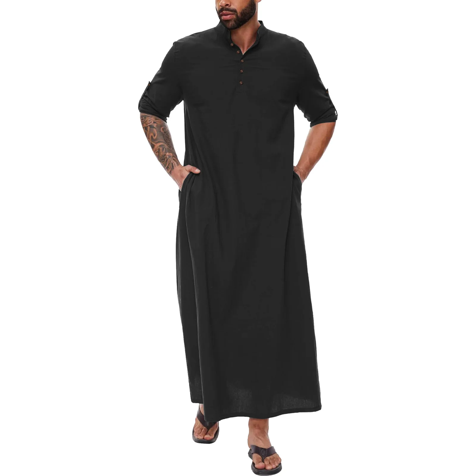 2024 Muslim Thobe for Men Kaftan with Pockets Button Down Long Gown Men's Arab Thobe Long Sleeve  Islamic Clothing