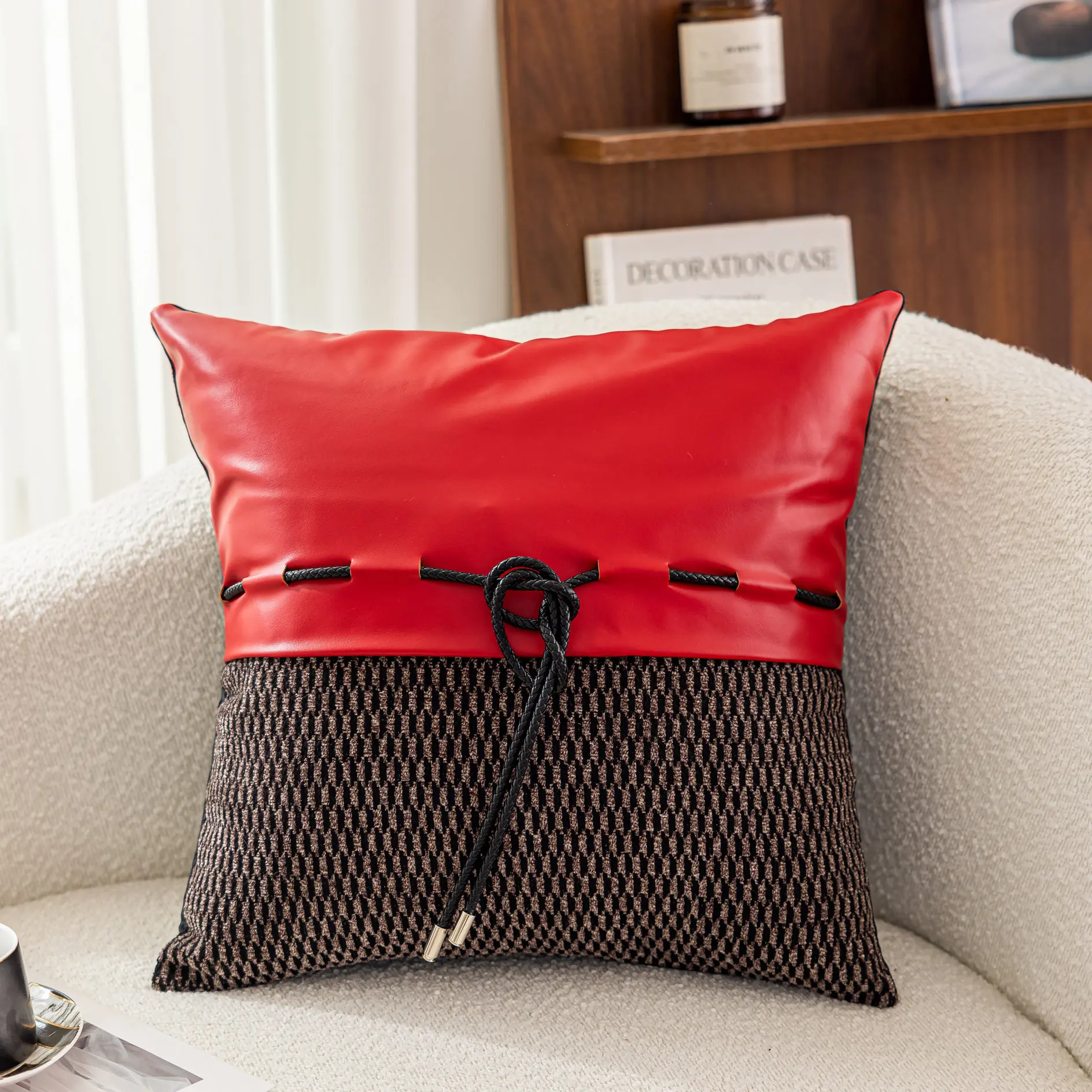 Quiet Luxury brown/black/red Patchwork Leather Pillow Case with Drawstrings Sofa Cushion cover for Lumbar Pillow