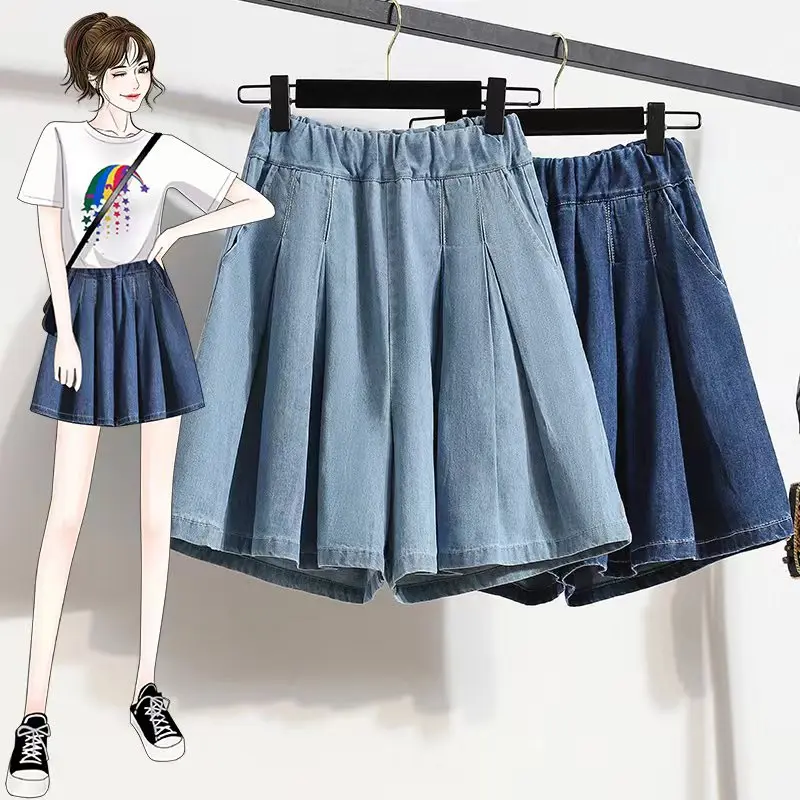 

Summer New Women's High Waist Wide Leg ort Jeans Loose Fit Five-Quarter Pants Korean Sle plus Size Slimming High Waist ...