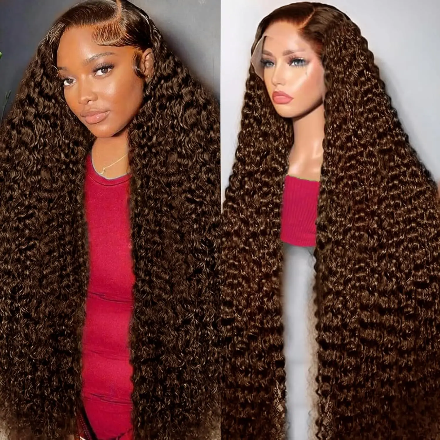 

Chocolate Brown Deep Wave 13x6 HD Lace Front Wig Human Hair Curly Wigs 40 30 Inch Reddish Brown Colored Wig #4 Preplucked