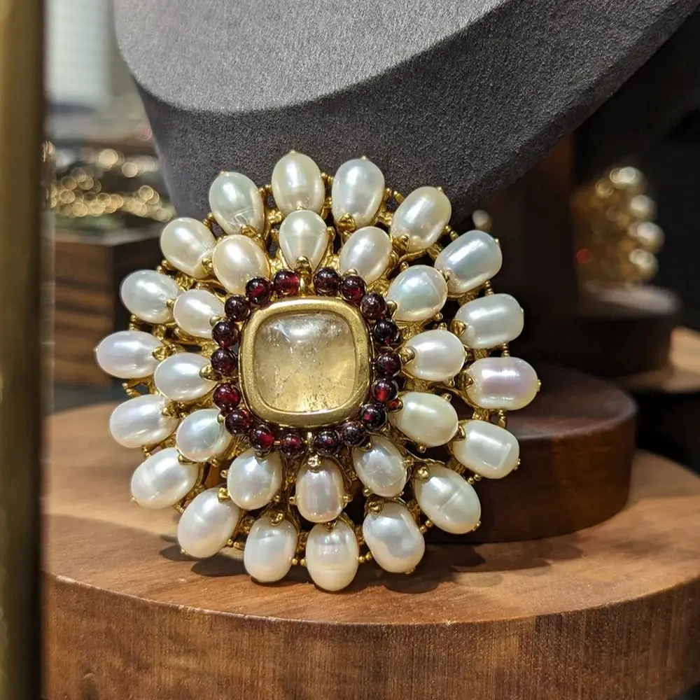 

New Fresh Water Pearls and Set Garnets Overlap Brooch Couture From the Baroque Pearl Collection