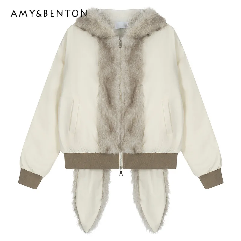 

Korean Design Fleece-Lined Hooded Women's Cotton Jacket 2025 Autumn Winter New Cute Sweet Versatile Warm Loose Coats Ladies