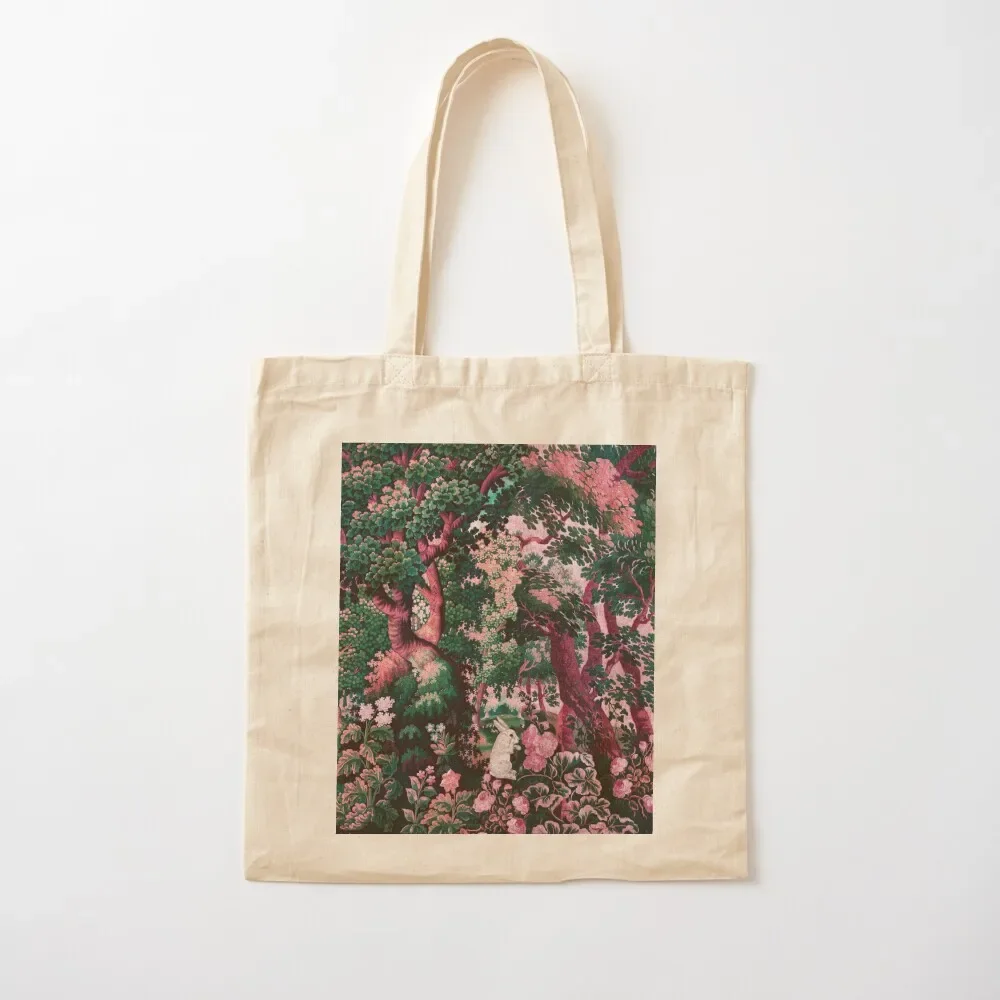 

WHITE RABBIT AMONG GREENERY,TREES ,ROSES IN WOODLAND LANDSCAPE Pink Green Floral Tote Bag sacs de shopping Tote Bag