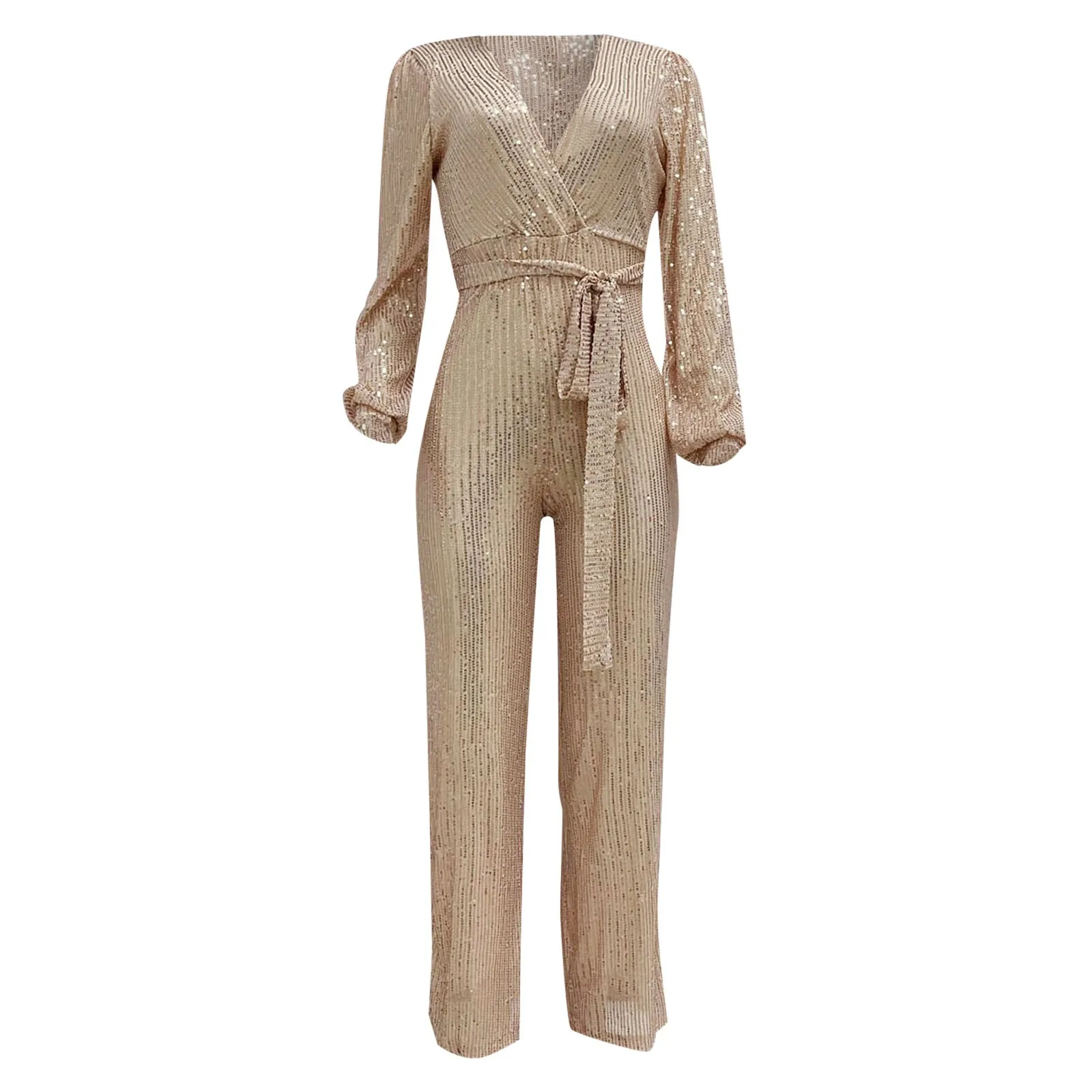 Gold Sequins Women Jumpsuit Casual Long Sleeve V Neck Jumpsuit With Belt Straight Evening Party Wear Female Jumpsuit Overalls